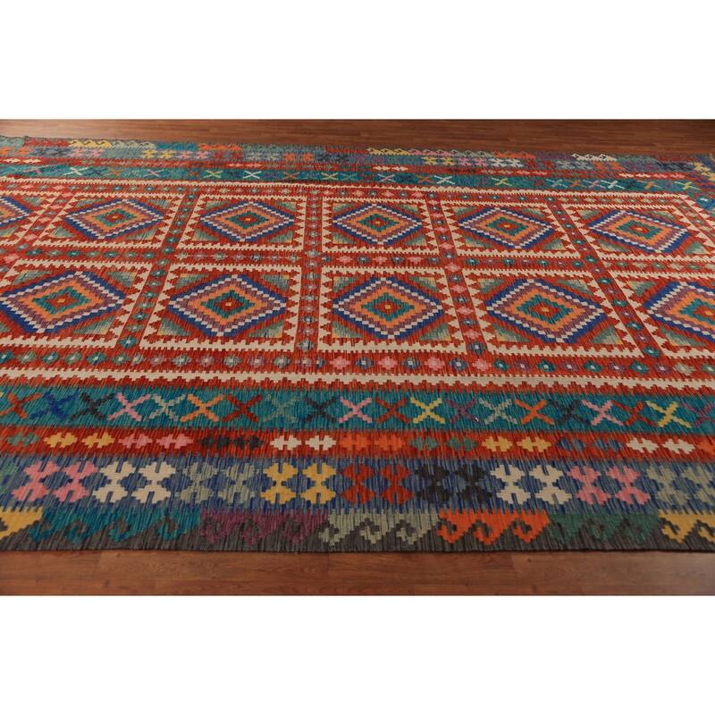 All-Over Geometric Kilim Large Rug Flatweave Oriental Wool Carpet - 9'10"x 16'1"