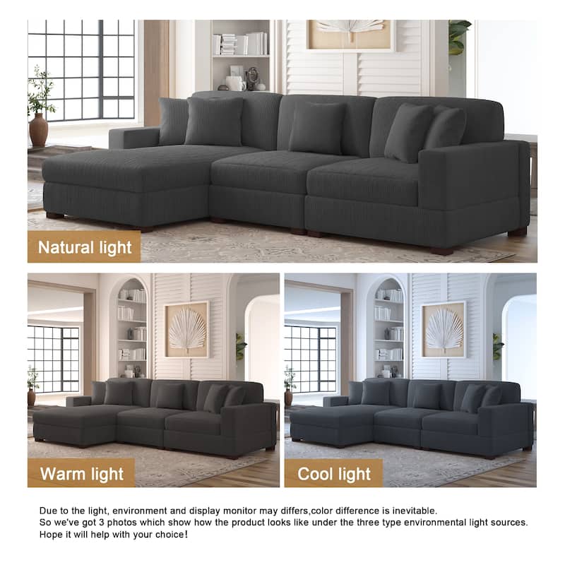 118" W Corduroy L-shape Modular Sectional Sofa with Pillows