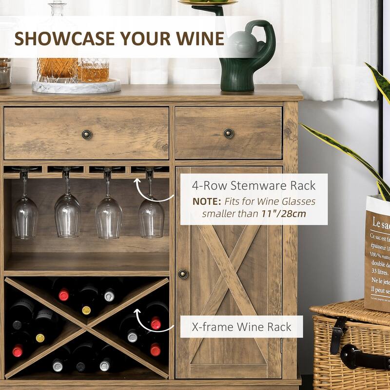 Farmhouse Coffee Bar Cabinet, Wine Cabinet with 3 Drawers, Sideboard Buffet Cabinet with X-Shaped Wine Rack and Stemware Holder