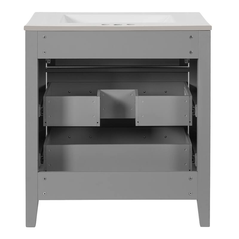 Free Standing Retro Carved Pattern Bathroom Vanity with Ceramic Sink, Tip-out Drawer, 2 Pull-out Drawers and Gold Handles