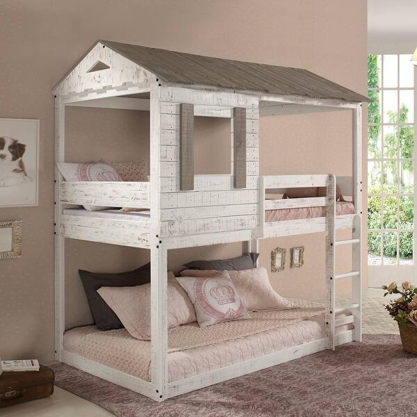 slide 2 of 10, Rustic Twin Over Twin Bunk Bed with Built-in Ladder ,Guardrails White