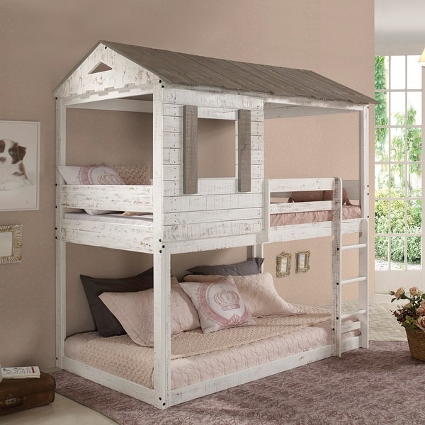 slide 2 of 10, Rustic Twin Over Twin Bunk Bed with Built-in Ladder Rustic White