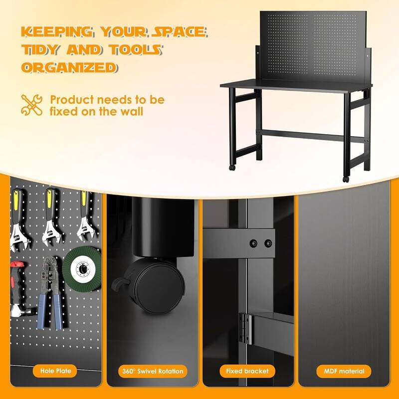 Heavy-Duty Wall-Mounted Workbench with Pegboard for Garage, Workshop - N/A