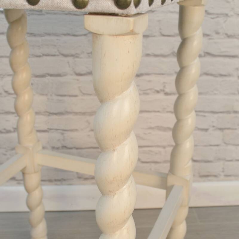 24" Beige White Nailhead Trimmed Counter Stool with Barley Twist Legs