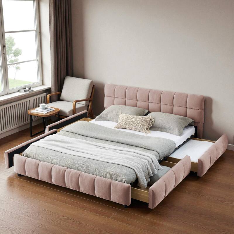 Queen Upholstered Platform Bed with Chenille Fabric, Soft Headboard & Underbed Storage Drawer, Solid Bed Frame - Pink - Queen