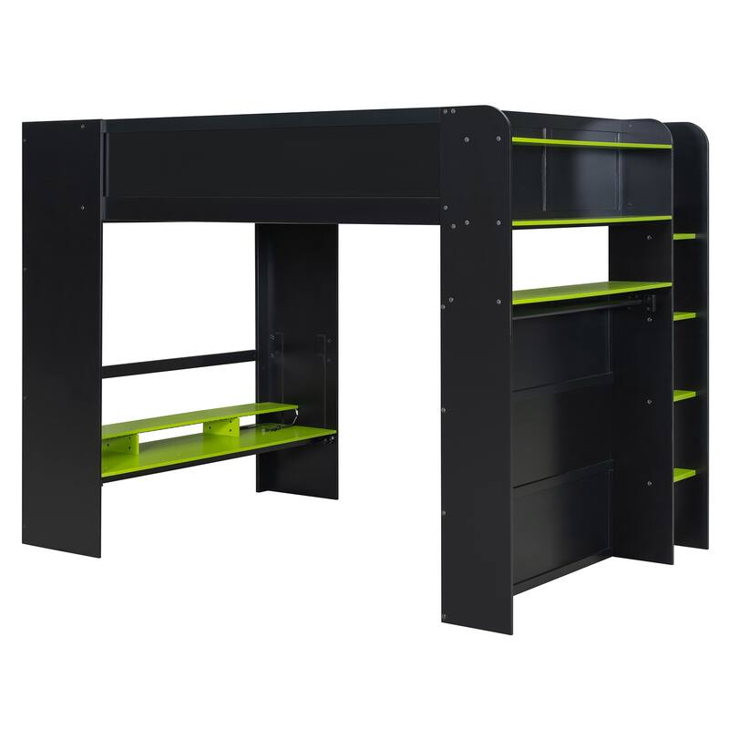 Full Size Wood Bunk Bed with Adjustable Desk, Wardrobe, Storage, and RGB Light in Green