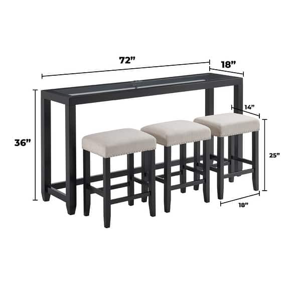 Cordero Wood Glass Top 72-Inch Wide Counter Height Console Bar Table and 3 Stools Set