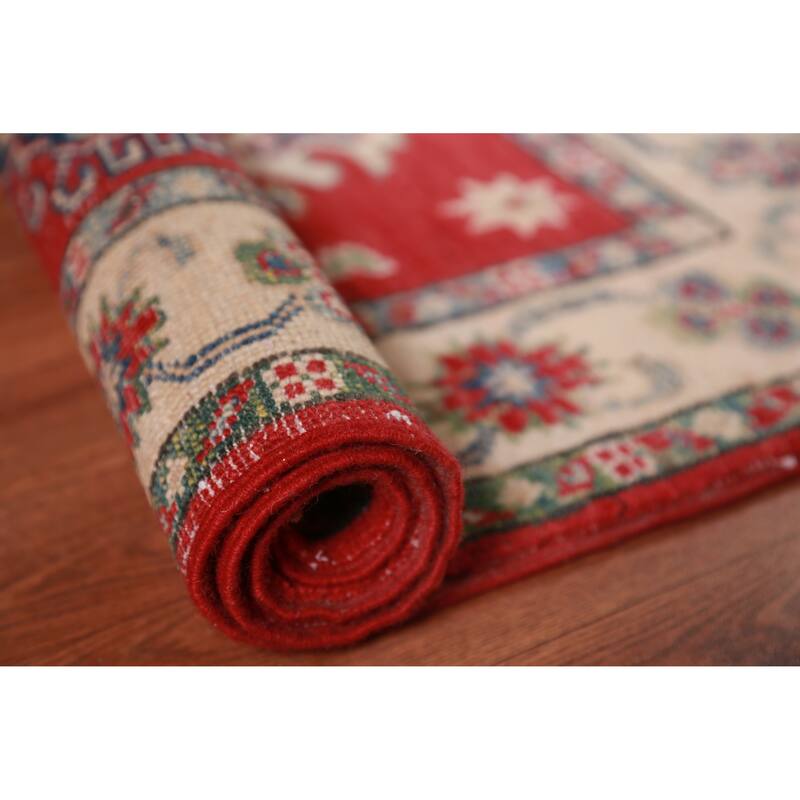 Red Kazak Foyer Rug Hand-Knotted Traditional / Geometric Wool Carpet - 2'9"x 3'9"