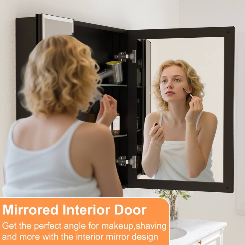 Belle Medicine Cabinet with Mirror, Adjustable Shelves, Recessed or Wall Mount