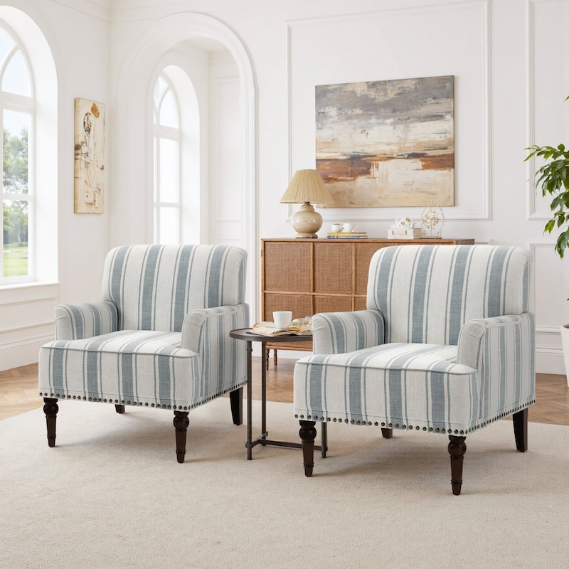 Set of 2 Stripe Linen Accent Arm Chairs with Nailhead Trim and Wood Legs