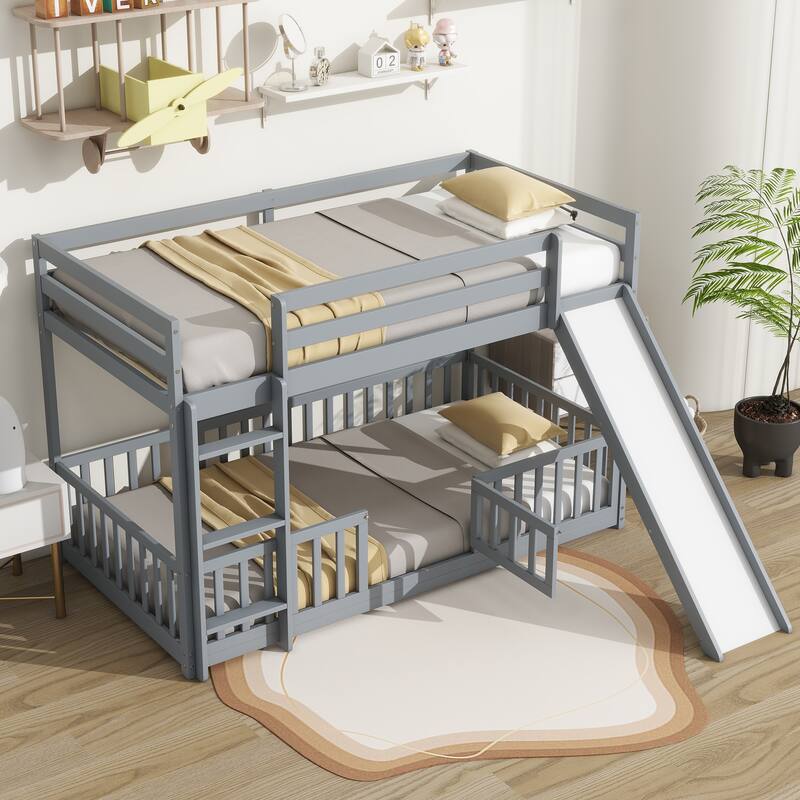 Twin Over Twin Floor Bunk Bed with Slide, Ladder, Door, Safety Guardrails, Solid Pine Wood, Grey