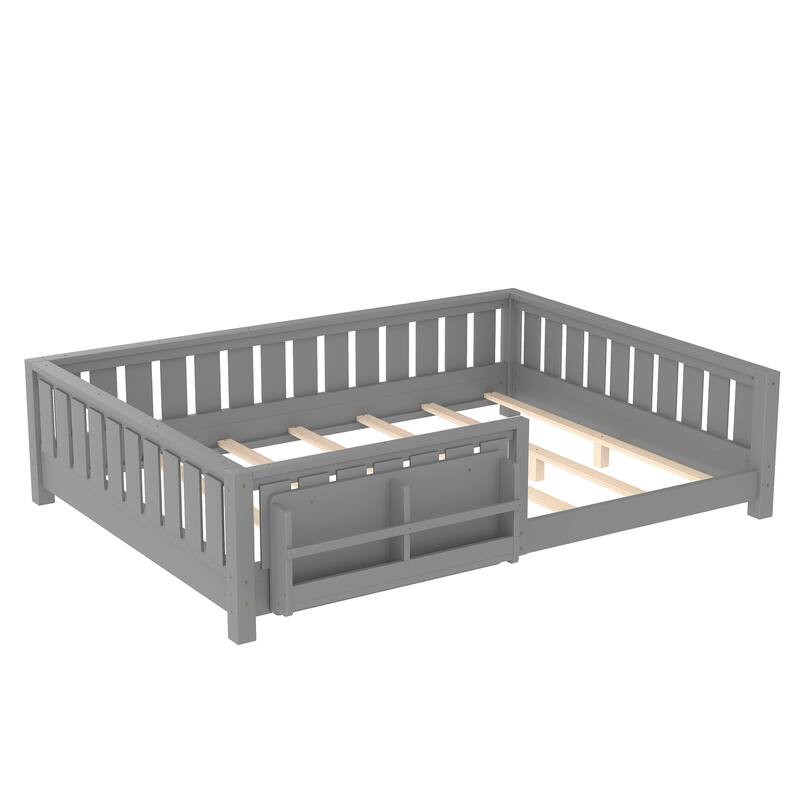 Montessori Floor Bed Low Profile Kids Bed with Rails & Bookshelf
