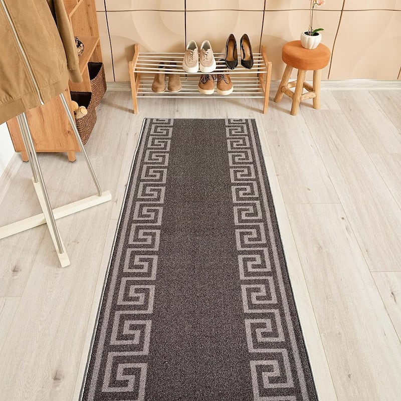 Custom Size Greek Design Gray 26 Inch Wide Non-Slip Stair Runner Rug
