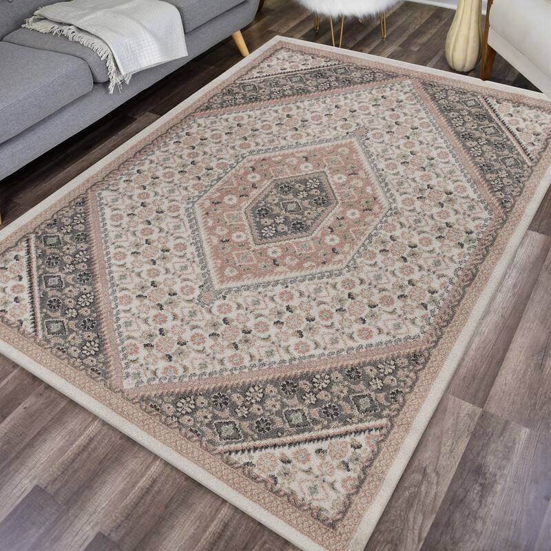 Sevita Gray and Blush Pink Oriental Area Rug - 5'2" x 7'2"