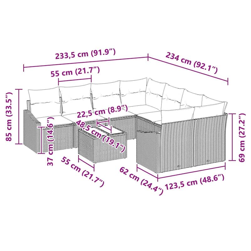 vidaXL 9 Piece Garden Sofa Set with Cushions - 91.9×92.1×27.2