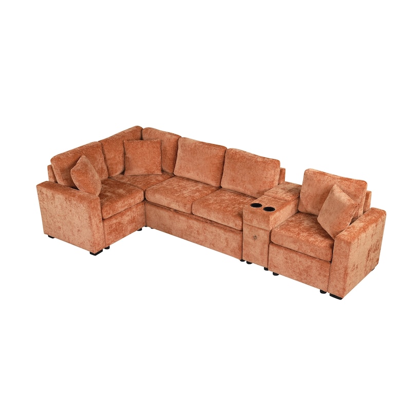L-Shaped Modular Sectional Sofa with Pull-Out Bed, Chenille Convertible Sleeper Sofa Bed with Cup Holders & Multiple Storage