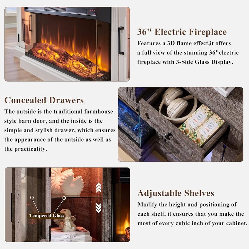 Farmhouse Electric Fireplace TV Stands up to 80", Entertainment Center