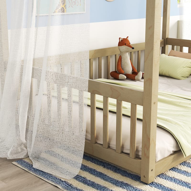 Full Size Pine Wood Canopy Frame Floor Bed with Guardrails