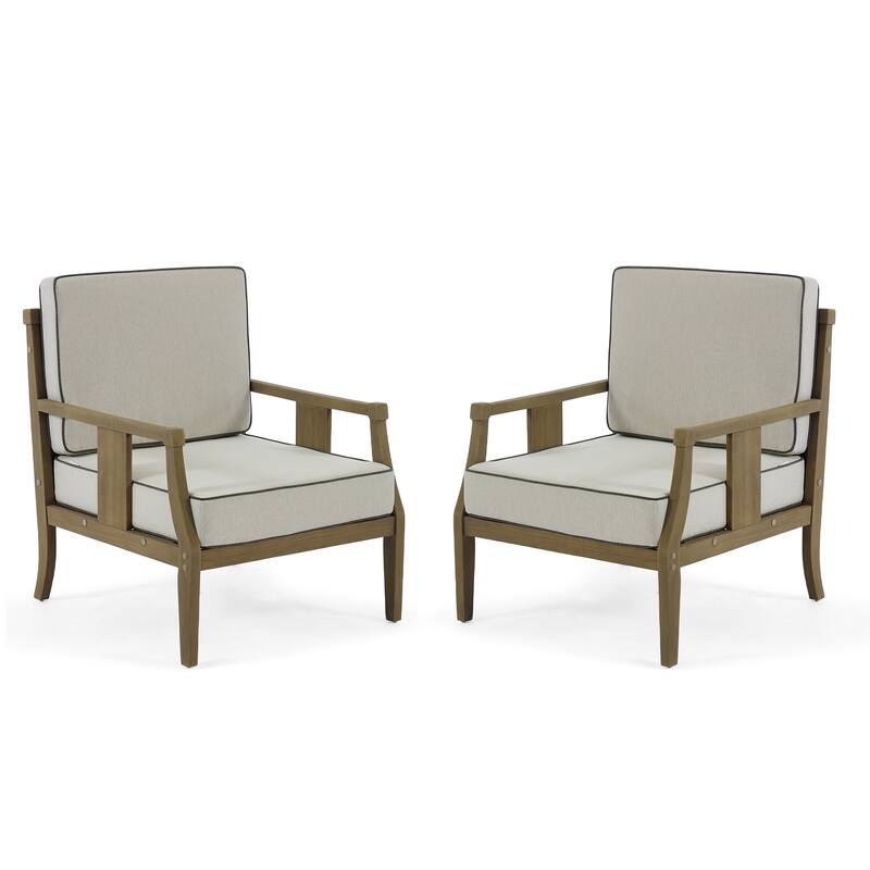 2 Set Brown Wood Outdoor Accent Club Chairs with Water-Resistant Cushions