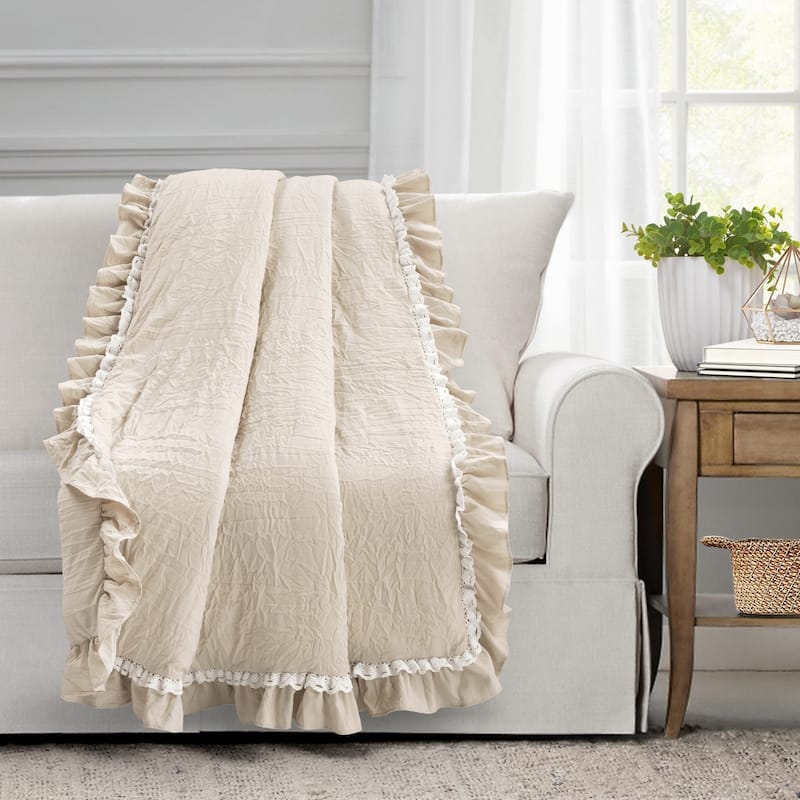Lush Decor Ella Shabby Chic Ruffle Lace Throw Blanket - Neutral