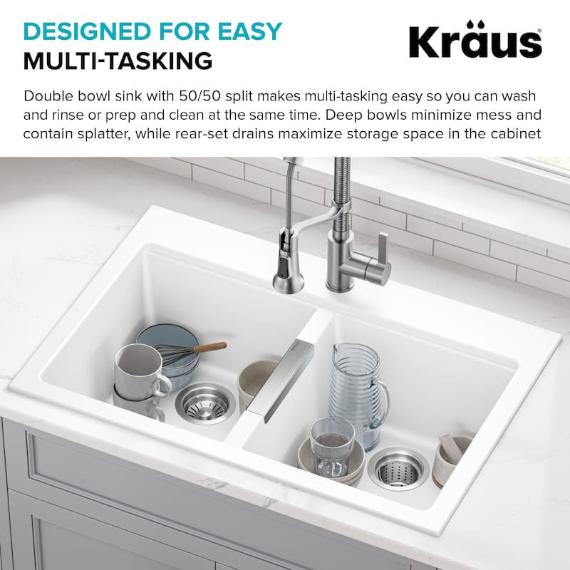KRAUS Granite 33 inch 2-Bowl Undermount Drop-in Kitchen Sink