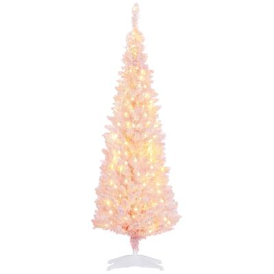 5ft Artificial Flocked Christmas Tree with Warm White LED Lights, Slim Design