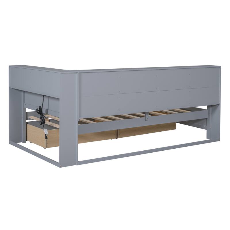 Wooden DayBed with 2 Drawers, Storage Shelf and USB Charging Ports