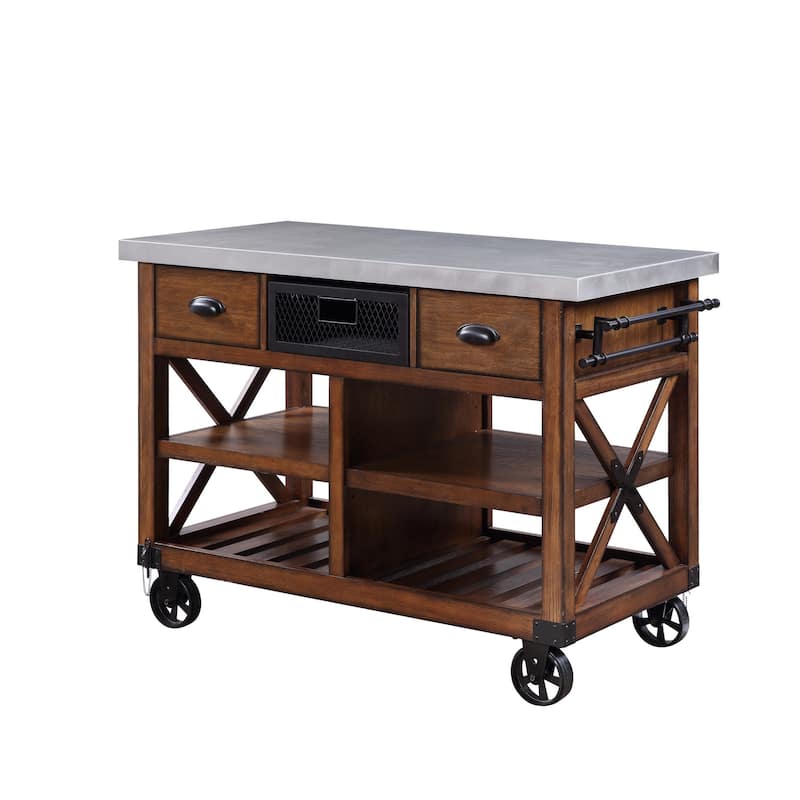 HomeRoots Brown And Silver 48" Rolling Kitchen Cart With Storage - 48.00 in. x 36.00 in. x 26.00 in.