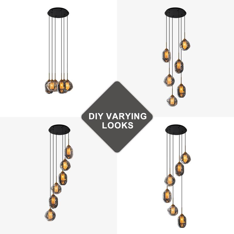 18" 6-Light Smoked Irregular Glass Round Pendant Light, Frosted Tubes