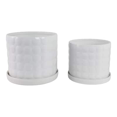 Ceramic Planter Set with Round Design and Drainage Tray (Set of 2)