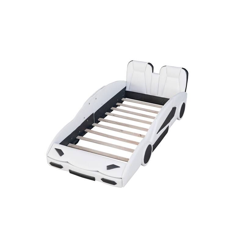 Twin Size Race Car Platform Bed with Wheels and Guardrails for Kids