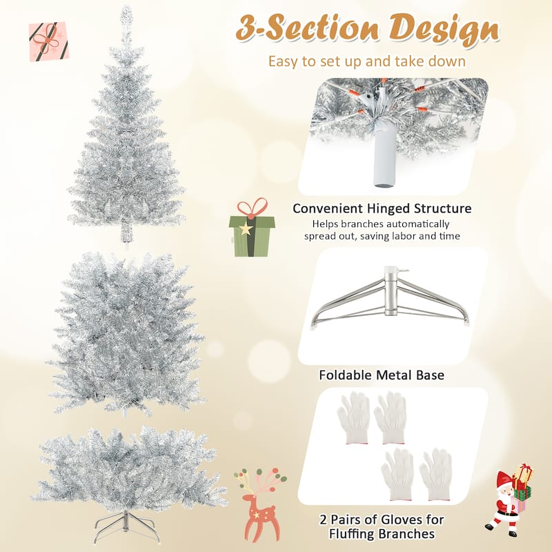 Gymax 6 FT Pre-lit Artificial Silver Tinsel Christmas Tree Slim Pencil