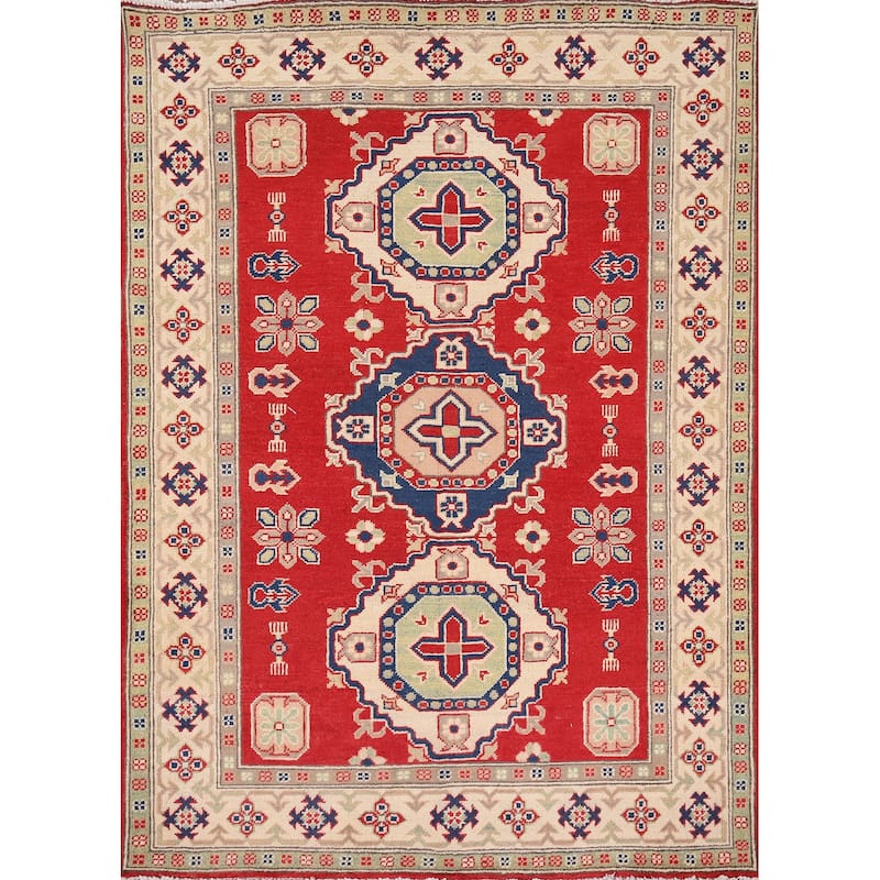 Geometric Kazak Oriental Rug Handmade Wool Carpet - 4'3" x 5'6"