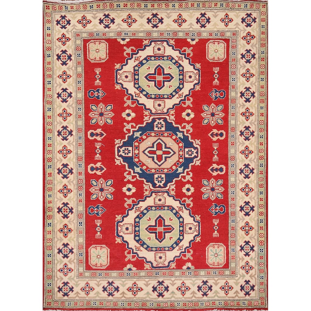 Geometric Kazak Oriental Rug Handmade Wool Carpet - 4'3" x 5'6"