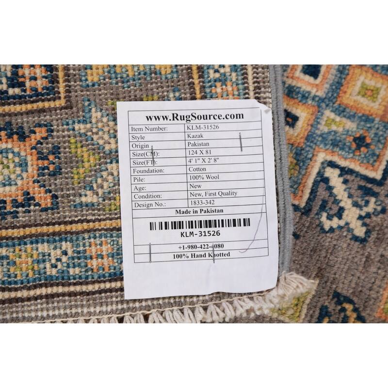 Gray Geometric Kazak Foyer Rug Hand-Knotted Wool Carpet - 2'8"x 4'1"