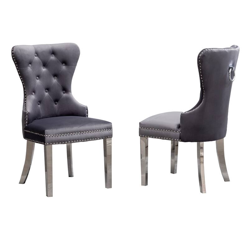 Tufted Velvet Chair with Nailhead Trim, Set of 2 - Grey
