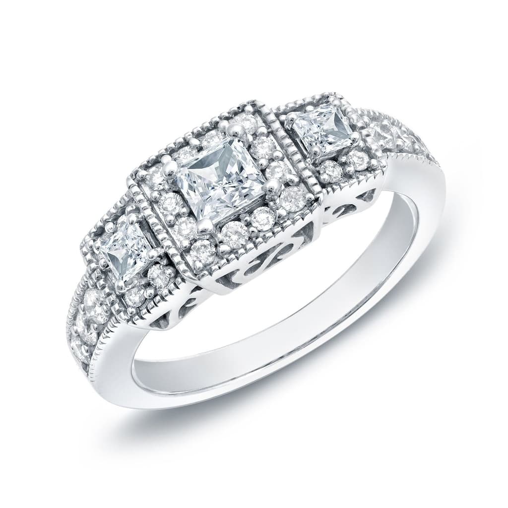 Auriya Vintage 3/4ctw Princess Cut 3-Stone Halo Diamond Engagement Ring 14k Gold