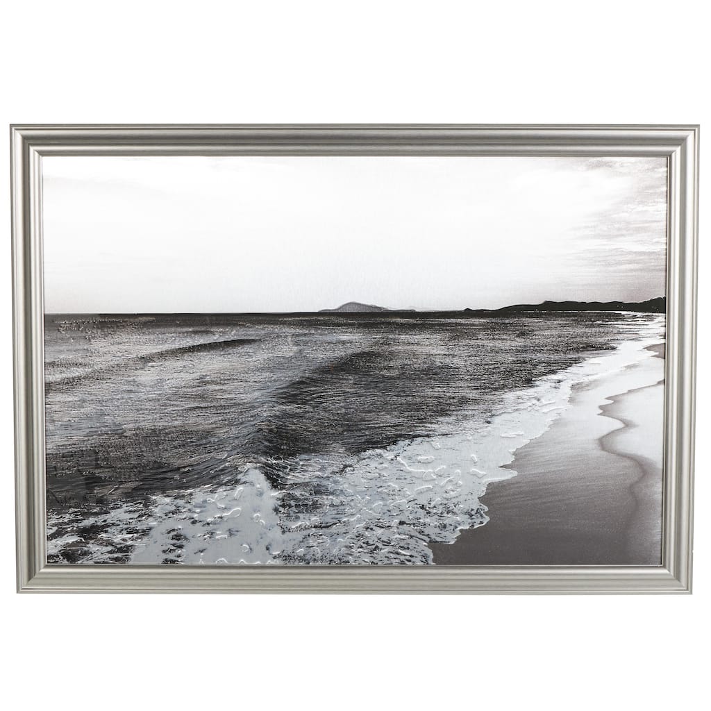 Canvas Landscape Textured Ocean Framed Wall Art with Black and White Accents - Silver - Roche River Decor