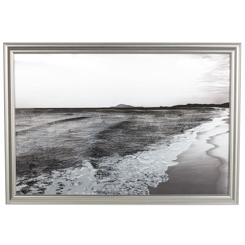 Canvas Landscape Textured Ocean Framed Wall Art with Black and White Accents - Silver - Roche River Decor - 51"W, 36"H - Silver