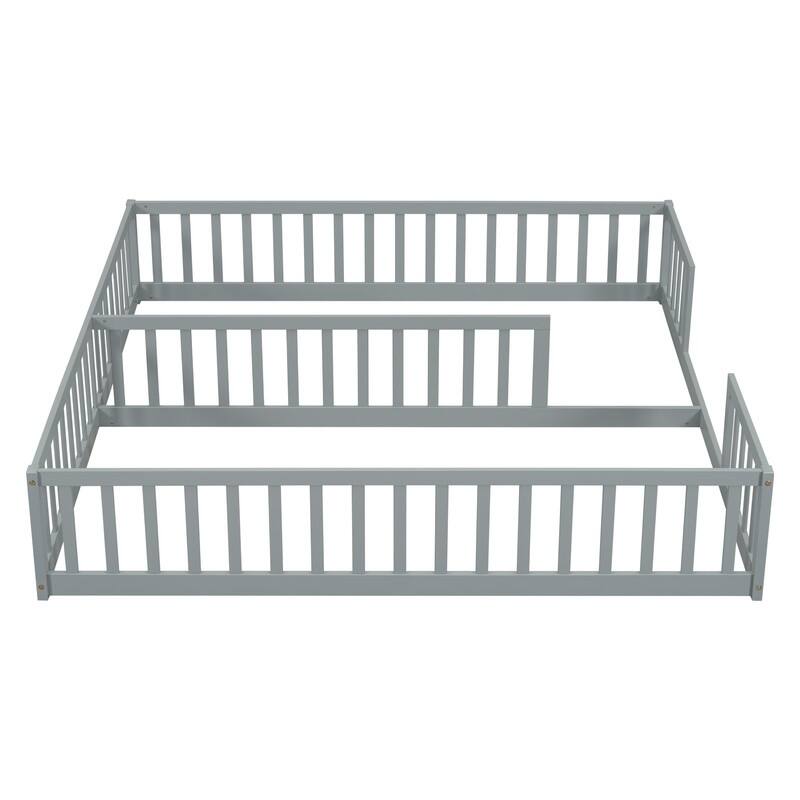 Twin Size Wood Double Floor Bed with Guardrails For Toddlers