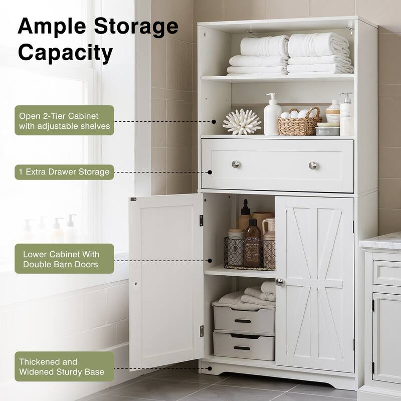 Javlergo White Adjustable Shelf Bathroom Cabinet with Drawer Tall Free Standing Bathroom Cabinet for Organization Living Room