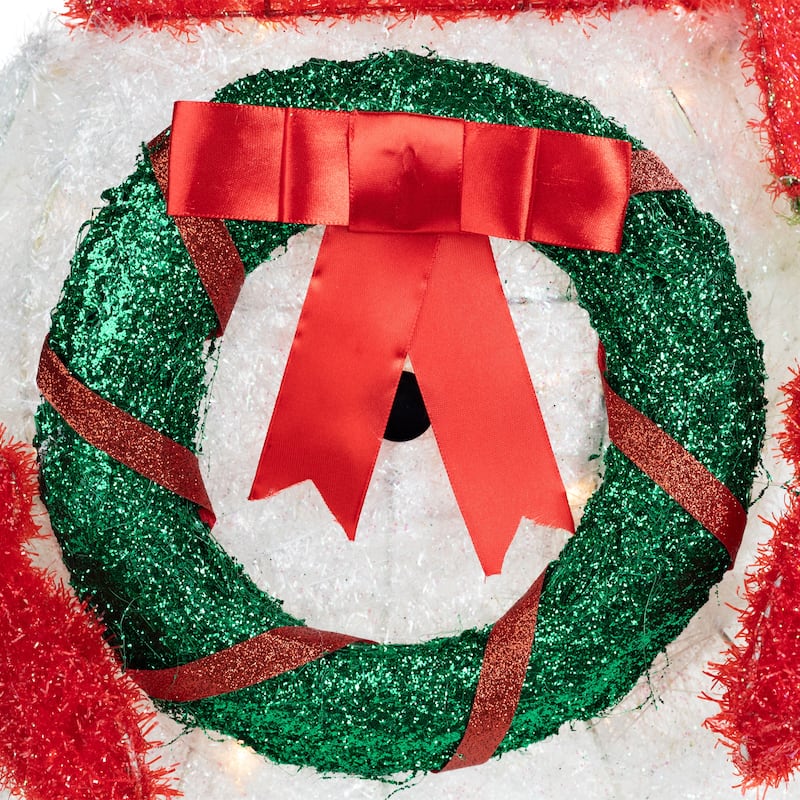 38" Lighted White Red Tinsel Snowman Wreath Outdoor Christmas decor