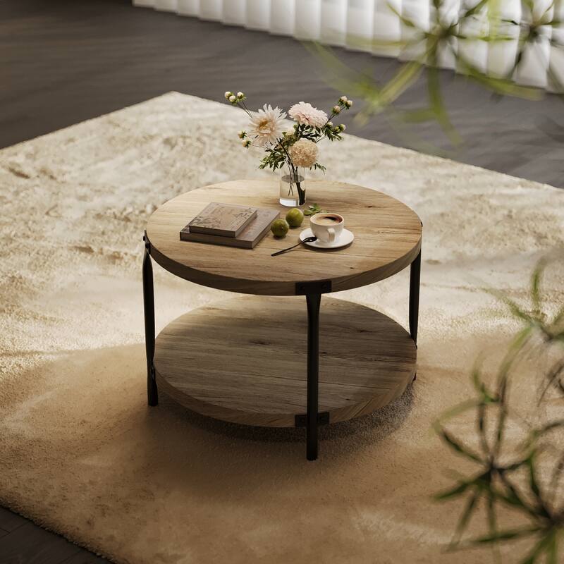 Modern minimalist round coffee table, 29.61-inch MDF material double-layer coffee table, open storage and easy assembly