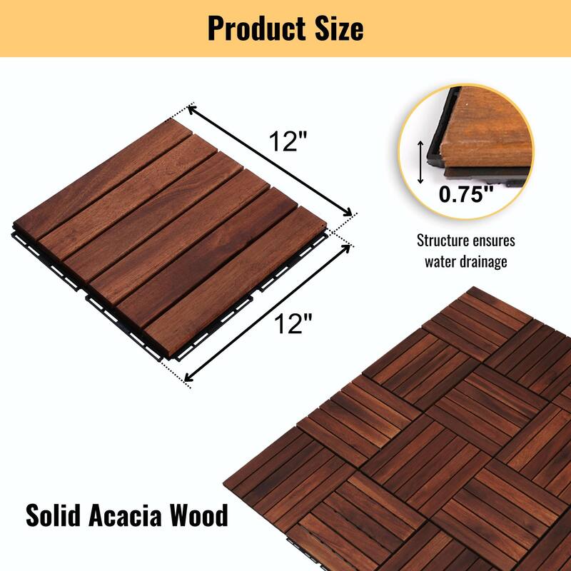 12" x 12" Square Acacia Hardwood Interlocking Deck Tiles Striped Pattern