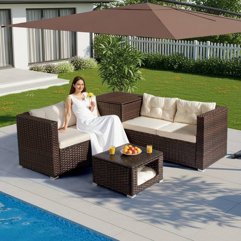 Patio 4-Piece Wicker Sectional Set with 2 Loveseats, Hydraulic Storage Box & Pet House Table - Brown