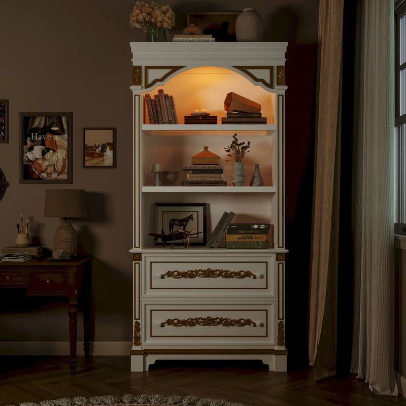 Display Cabinet with Drawers Tall Wine Bar Bookcase with LED Light Glass Shelves, Carved Solid Wood Front, 76.6"