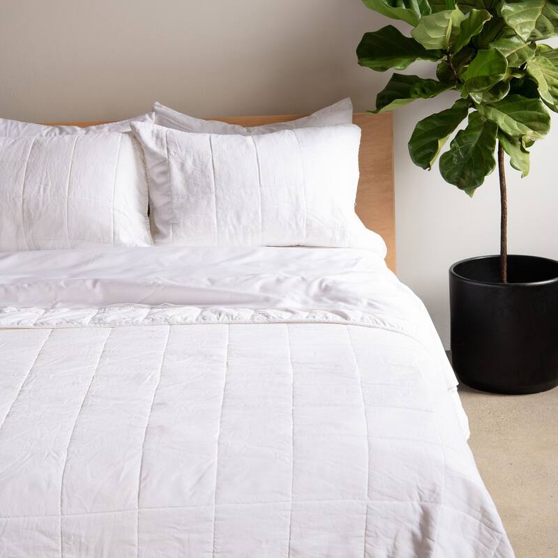 French Linen Box Stitch Quilt by BOKSER HOME - White - Queen - 1 Piece