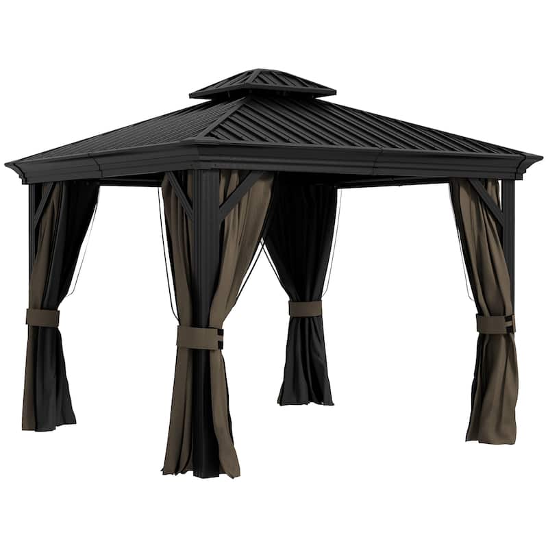 Outsunny 10' x 10' Hardtop Gazebo with Curtains and Netting, Permanent Pavilion Metal Double Roof Gazebo Canopy with Aluminum