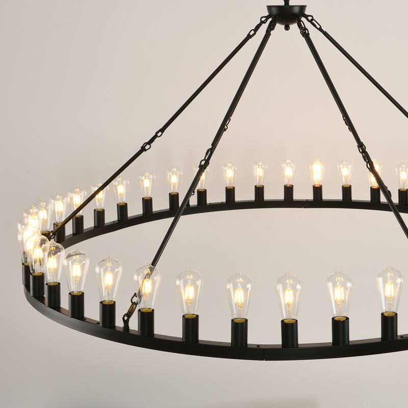 64 Inch Black Extra Large Chandelier, 42-Lights Industrial Round High Ceiling Pendant Light Adjustable Chain,-E26
