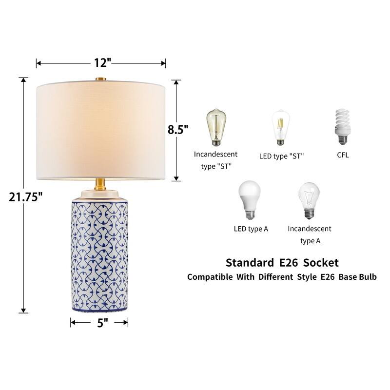 21.75 inch Blue Ceramic Table lamp with White Drum Lampshade - W12" x H21.75"